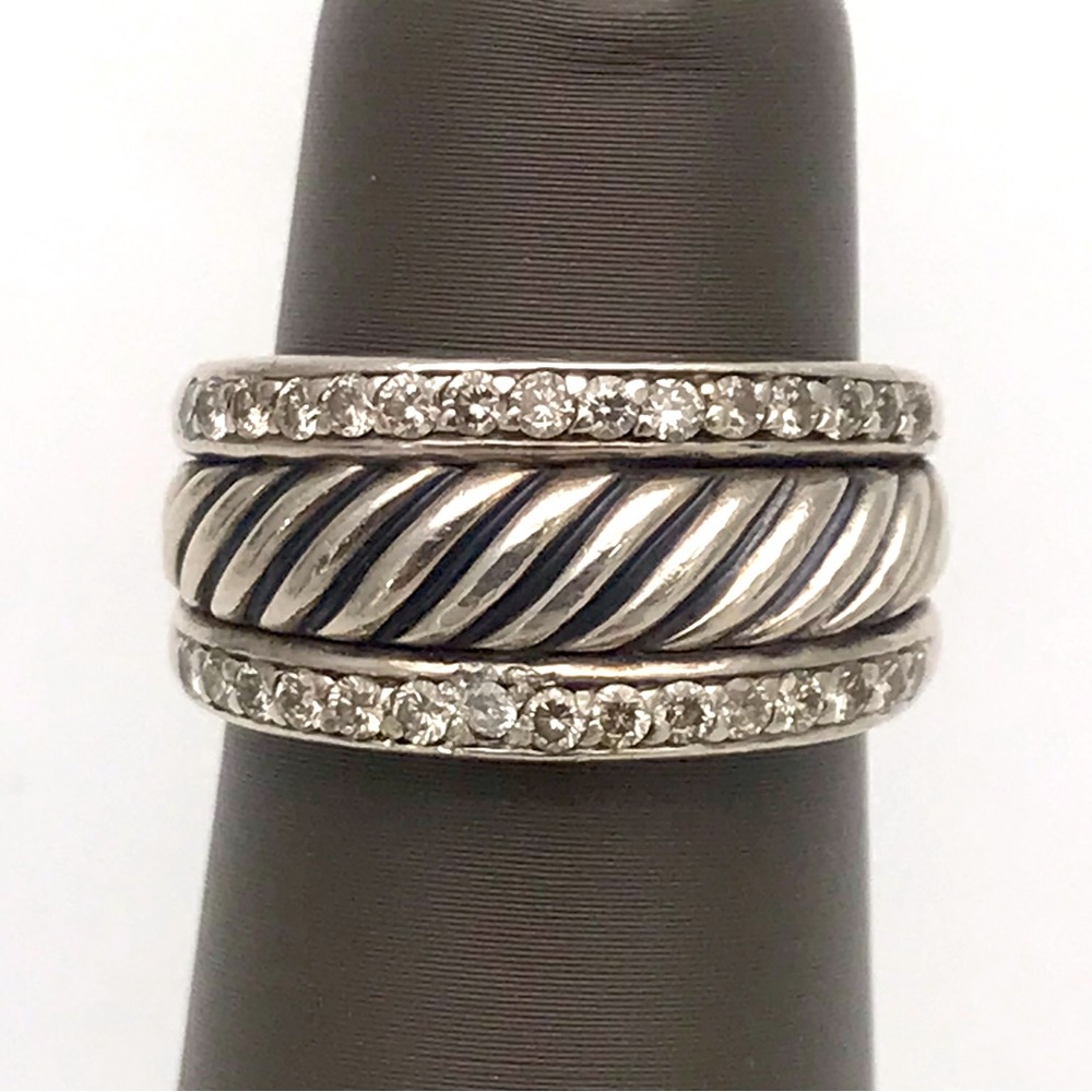 David Yurman Sterling Silver Thoroughbred” .40pts(tw) Genuine Diamond Band 5.75